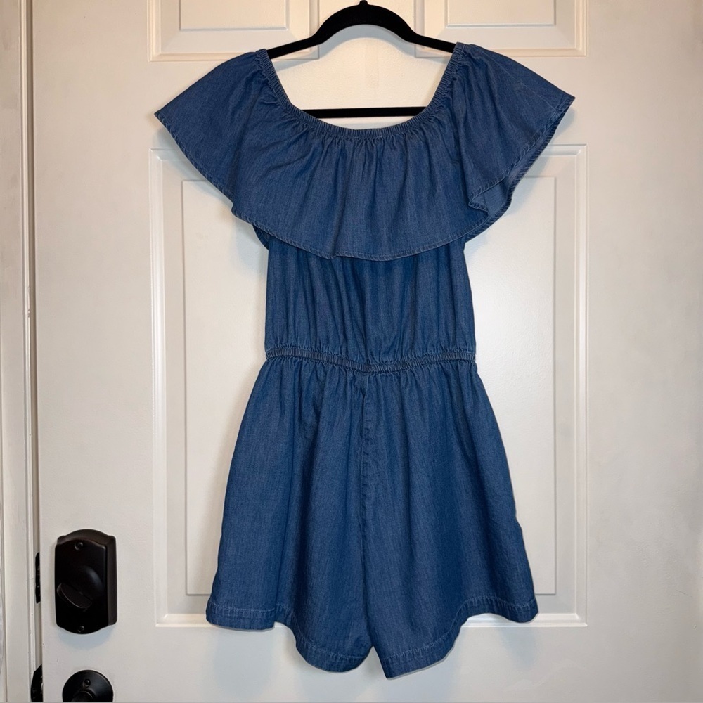 CI SONO Los Angeles Denim Romper Sz Small Off the Shoulder Ruffle Pockets EUC